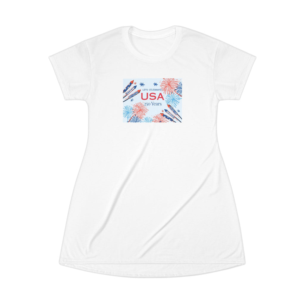 USA 4th of July Floral T-Shirt Dress - Red White Blue Fireworks Design