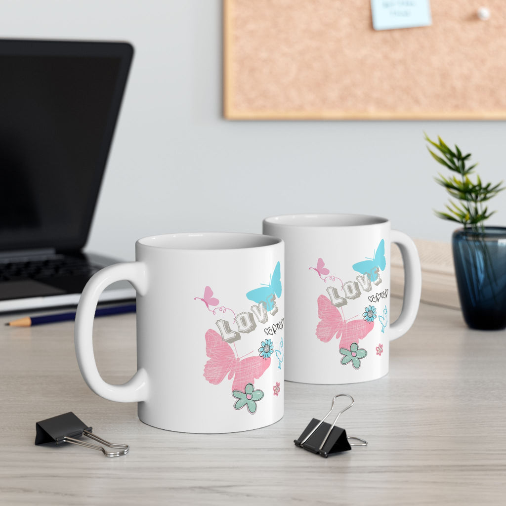 Butterfly Floral Ceramic Mug – Pastel Butterflies & Hearts Coffee Cup (11oz/15oz)