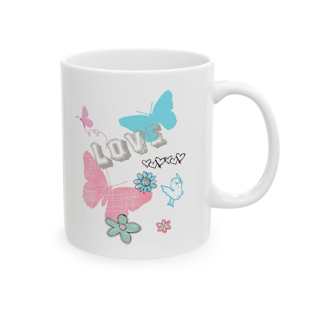 Butterfly Floral Ceramic Mug – Pastel Butterflies & Hearts Coffee Cup (11oz/15oz)