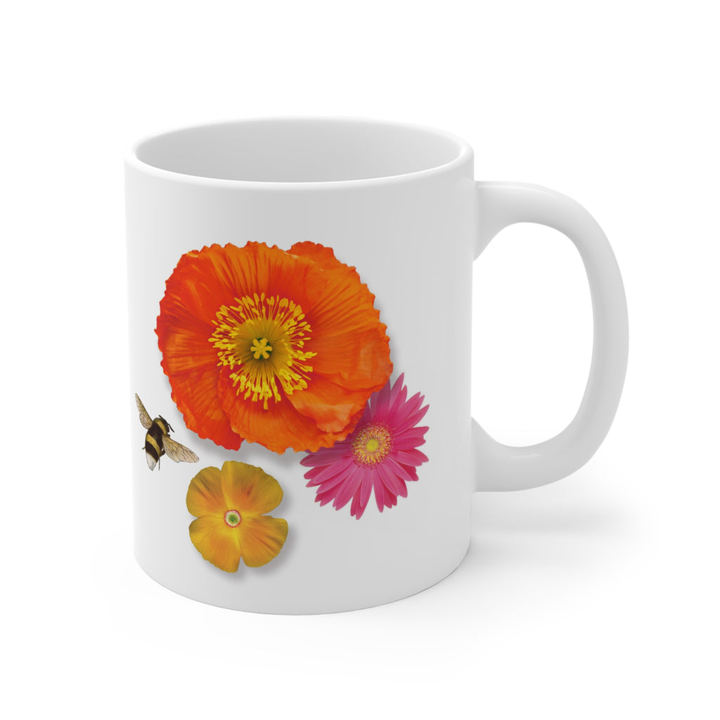 Floral Bee Ceramic Mug — Orange Poppy & Pink Daisy 11oz