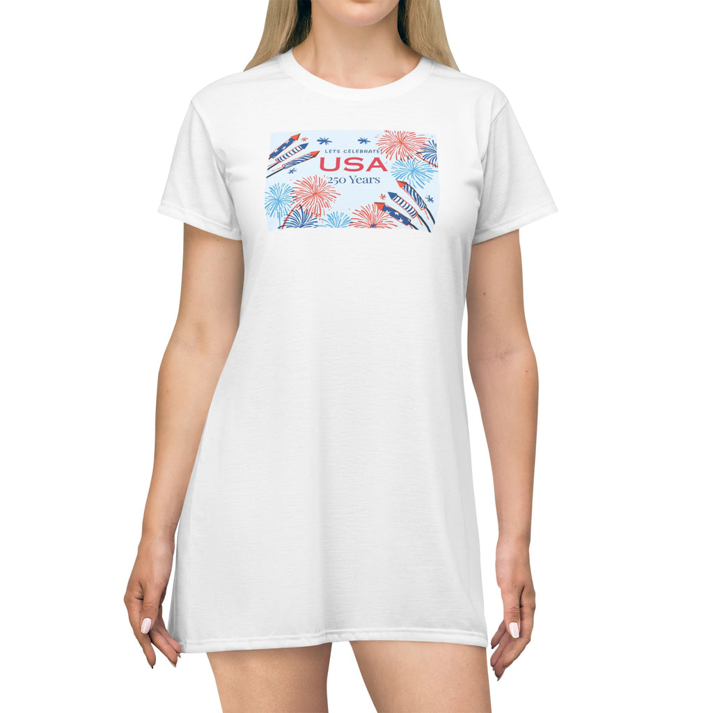 USA 4th of July Floral T-Shirt Dress - Red White Blue Fireworks Design