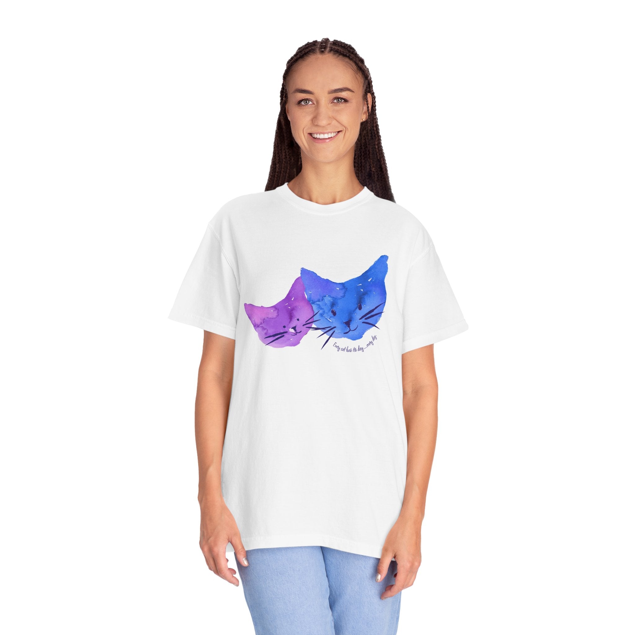 Cat Mom Watercolor Tee — Purple & Blue Sleeping Cats T-Shirt