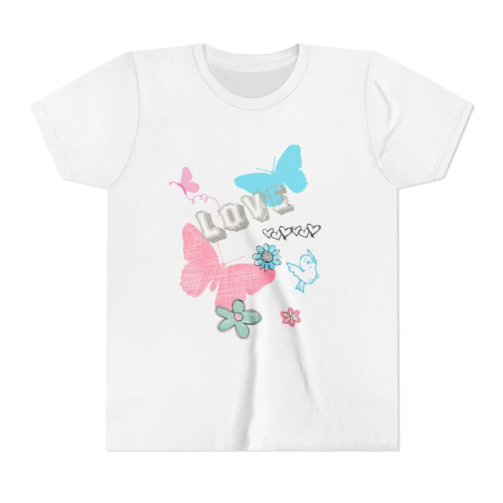 Youth Tee - Pastel Butterfly "Love" Graphic, Cute Floral Spring Shirt for Girls
