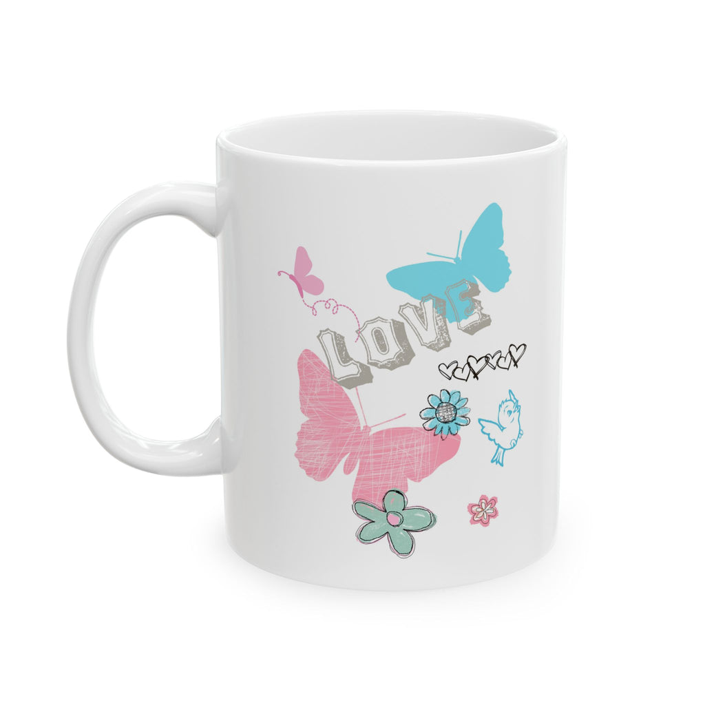 Butterfly Floral Ceramic Mug – Pastel Butterflies & Hearts Coffee Cup (11oz/15oz)