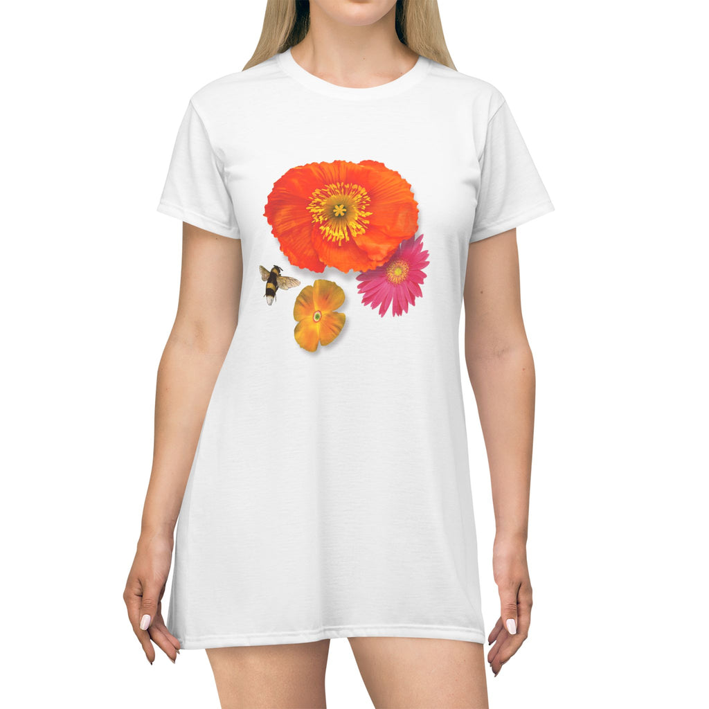 Floral Bee T-Shirt Dress — Bright Poppy & Daisy Garden Print