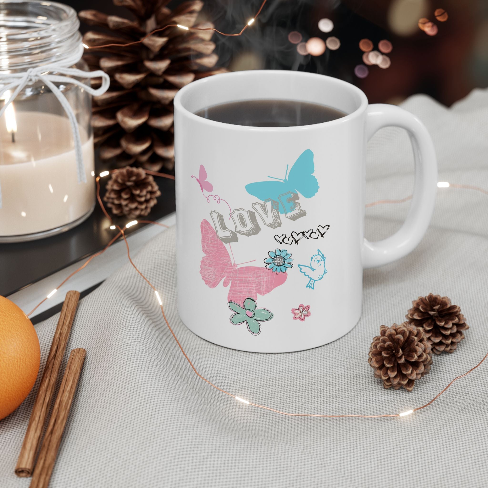 Butterfly Floral Ceramic Mug – Pastel Butterflies & Hearts Coffee Cup (11oz/15oz)