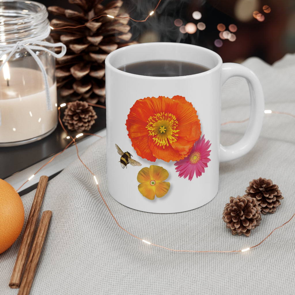 Floral Bee Ceramic Mug — Orange Poppy & Pink Daisy 11oz