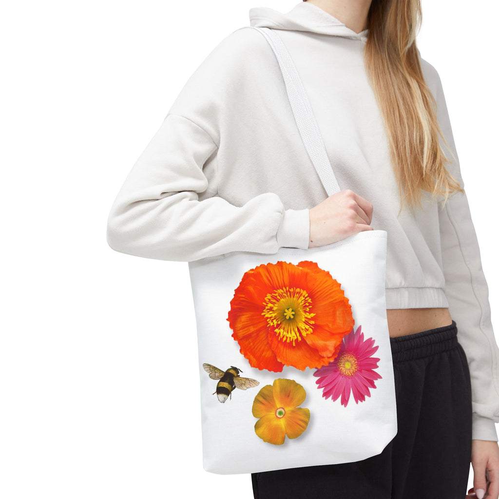 Floral Bee Tote Bag — Orange Poppy & Daisy All-Over Print
