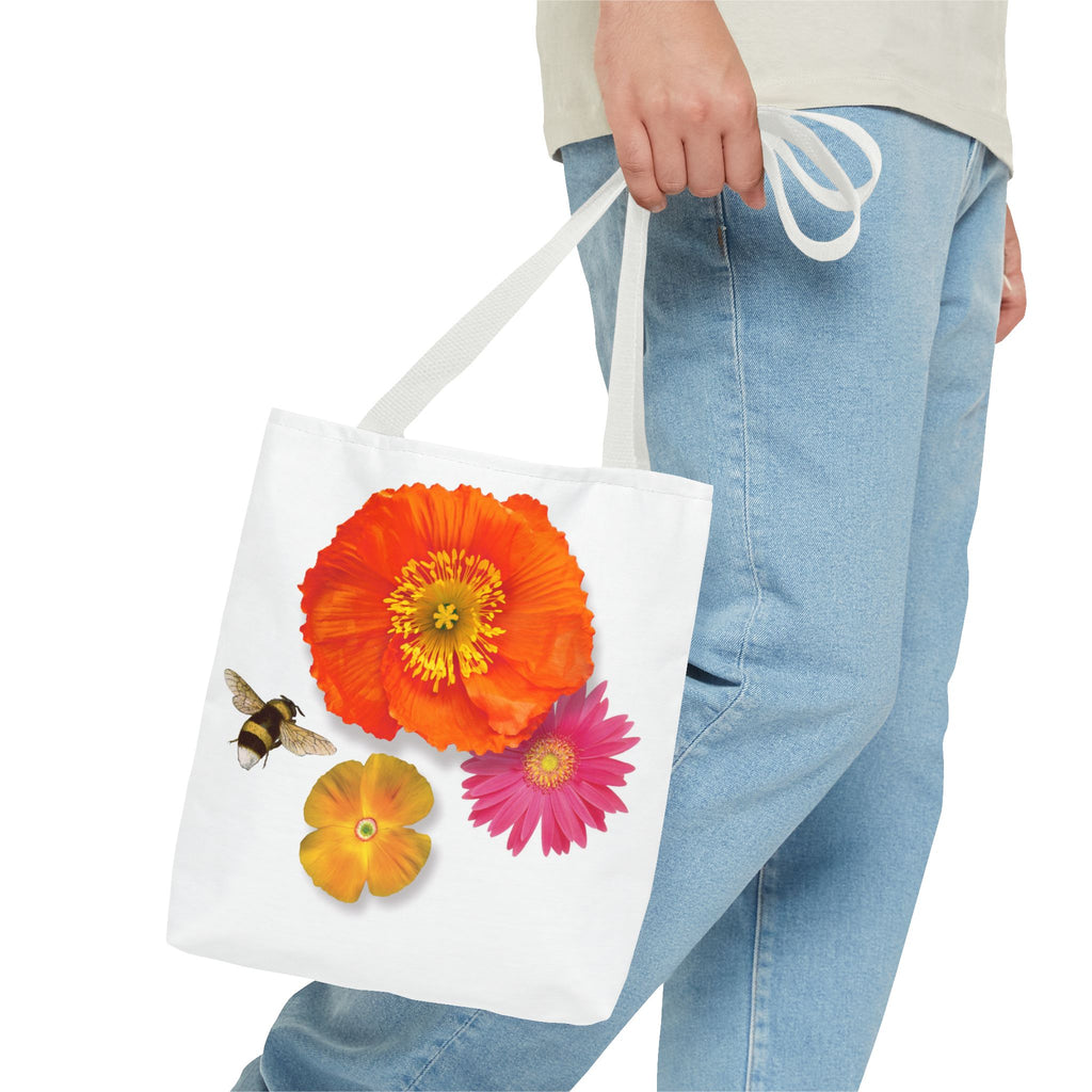 Floral Bee Tote Bag — Orange Poppy & Daisy All-Over Print