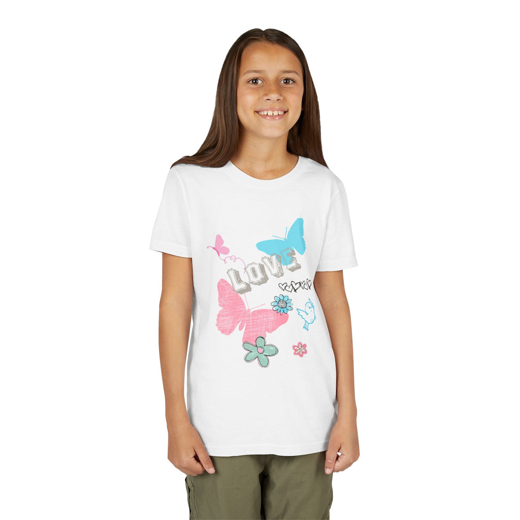 Youth Tee - Pastel Butterfly "Love" Graphic, Cute Floral Spring Shirt for Girls