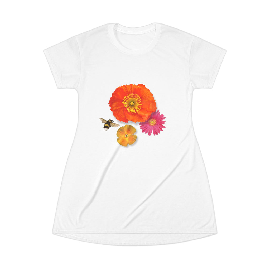 Floral Bee T-Shirt Dress — Bright Poppy & Daisy Garden Print